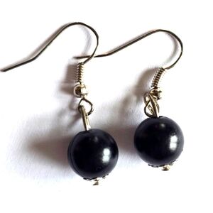 black earrings Dainty ball bead silver tone
